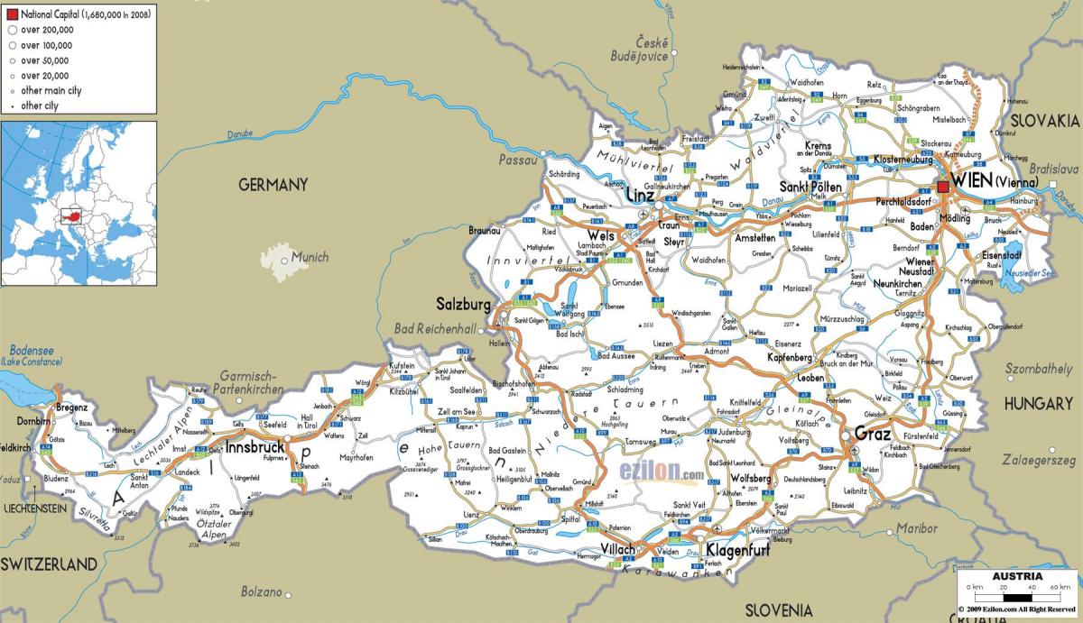 mapa detallado de austria con las ciudades