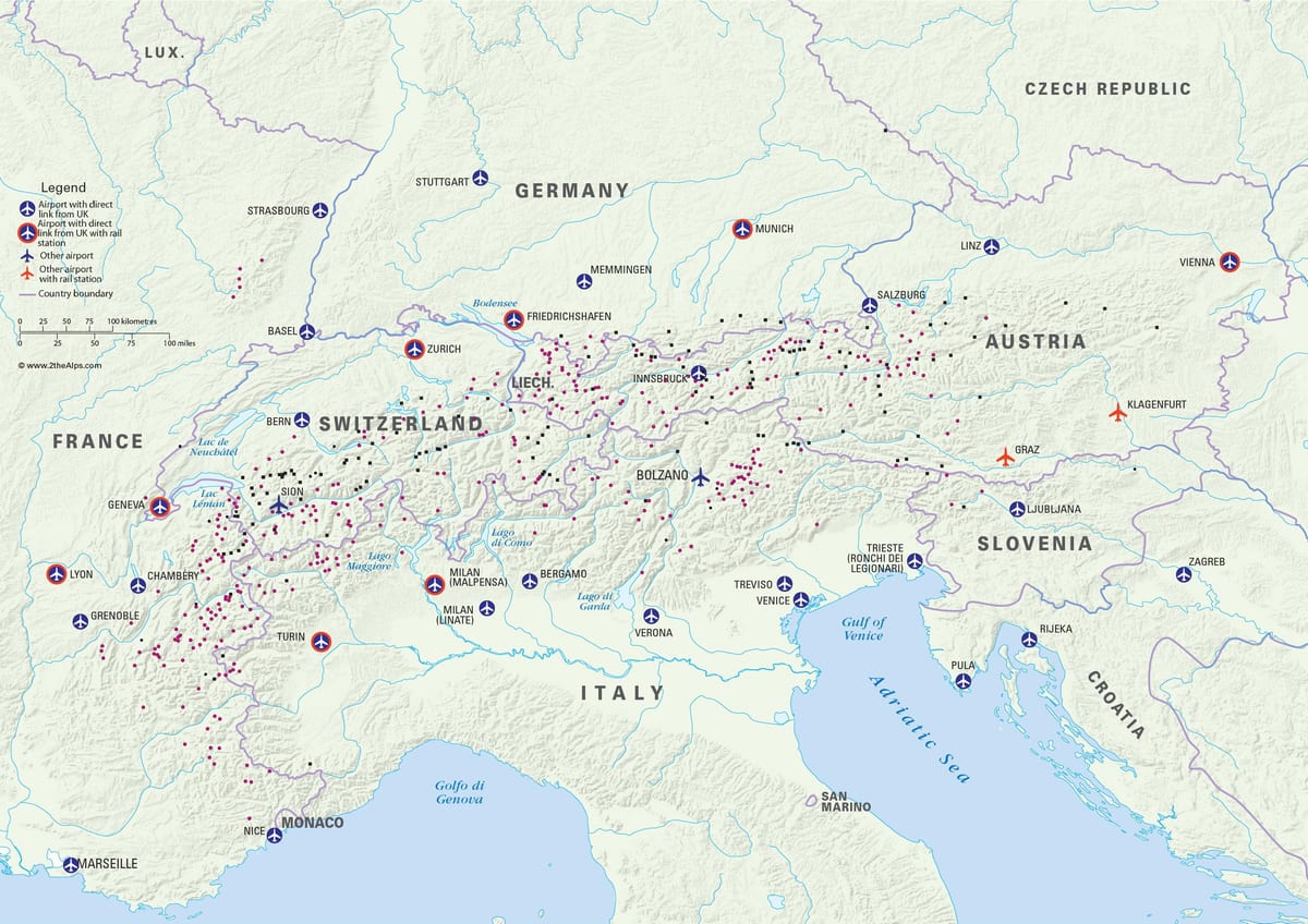 mapa de austria estaciones de esquí de los aeropuertos