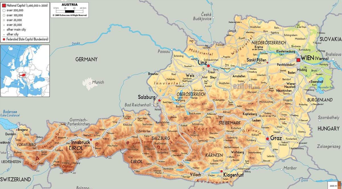 mapa de mapa físico de austria