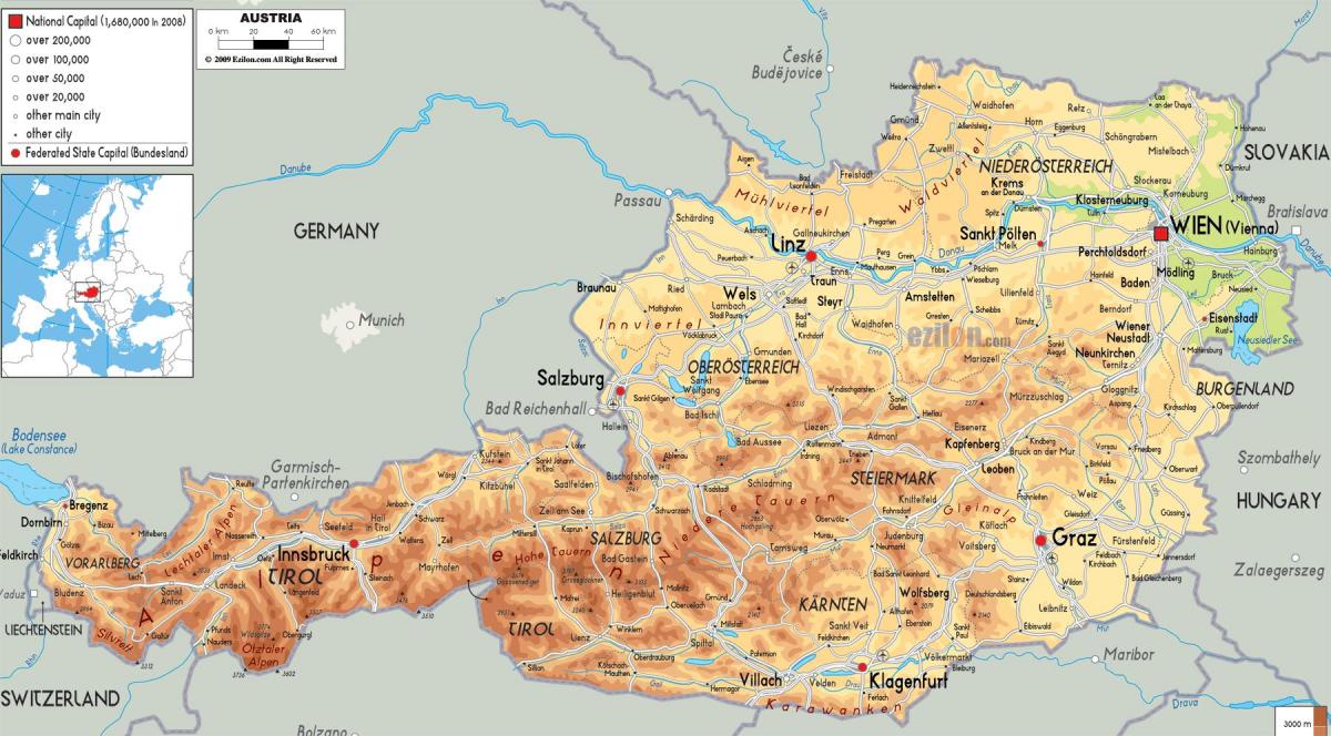 mapa de mapa físico de austria